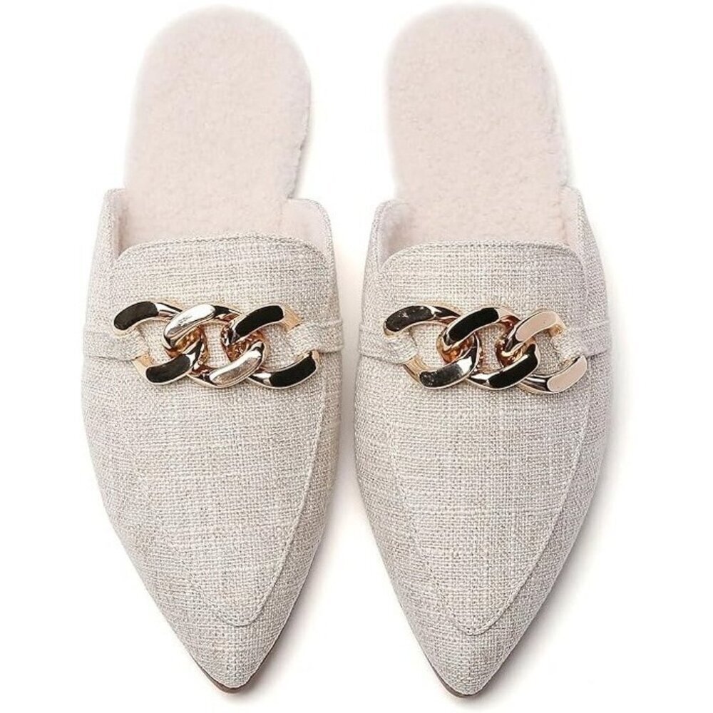 Beige Pointed-Toe Flat Mules with Metal Chain, Sherpa-Lined Backless Loafers Siz